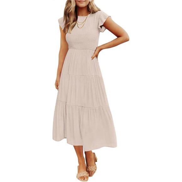 Women's Summer Midi Dress Smocked Elastic Waist Flutter Sleeve Crew Neck